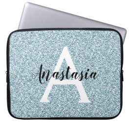 Glam Blue Silver Glitter Sparkles Monogram Laptop Sleeve