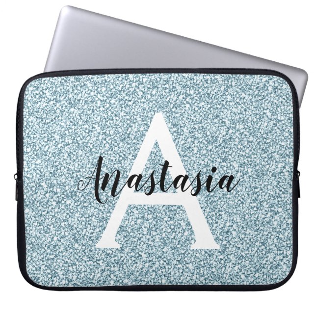 Glam Blue Silver Glitter Sparkles Monogram Laptop Sleeve (Voorkant)