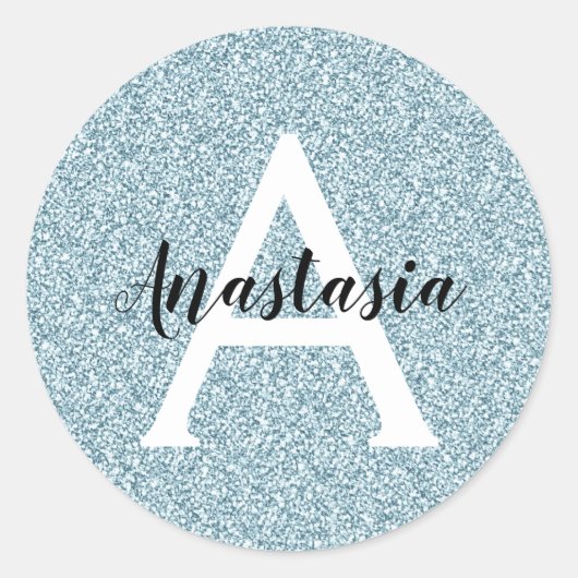 Glam Blue Silver Glitter Sparkles Monogram Ronde Sticker (Voorkant)