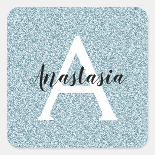 Glam Blue Silver Glitter Sparkles Monogram Vierkante Sticker