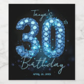 Glam Blue Teal Diamond Sparkle 30th Birthd Wijn Etiket (Enkel label)