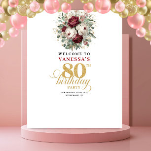 Glam Blush Burgundy 80e Verjaardag Banner Wandkleed