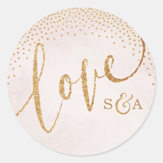 Glam blush glitter roos goud kalligrafie liefde ronde sticker (Voorkant)