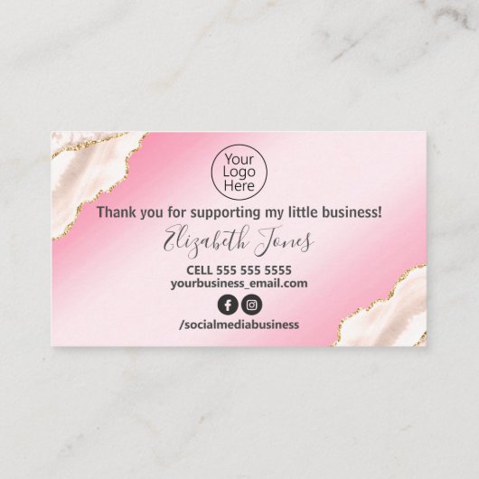 Glam Blush Pink Agate Hartelijk dank voor uw aanko Visitekaartje (Achterkant)