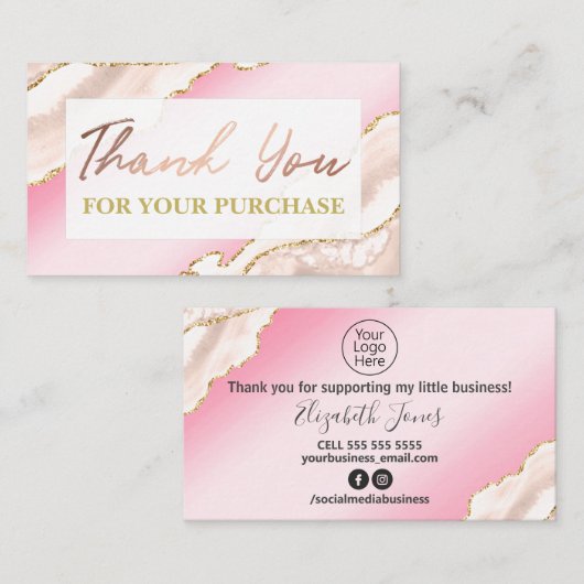 Glam Blush Pink Agate Hartelijk dank voor uw aanko Visitekaartje (Voorkant / Achterkant)