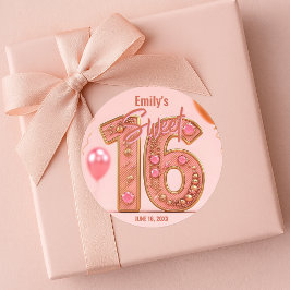 Glam Blush Pink and Gold Gemstone Sweet Sixteen  Ronde Sticker