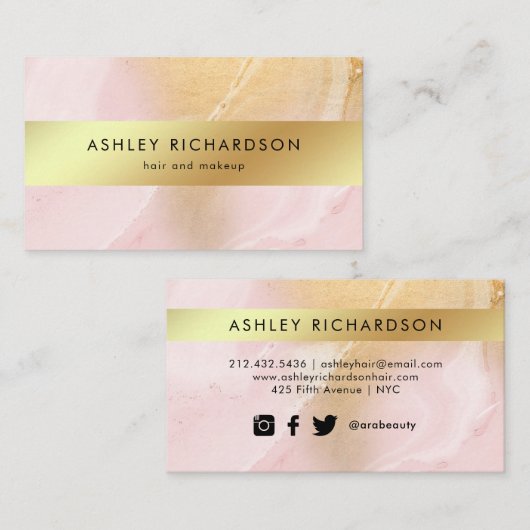 Glam Blush Pink en Faux Gold Social Media Visitekaartje (Voorkant / Achterkant)