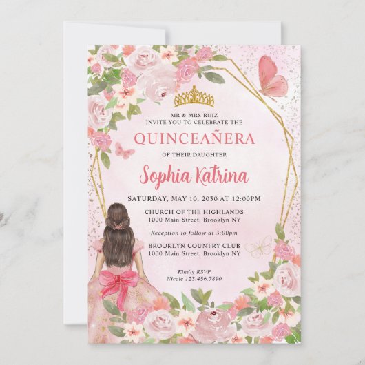 Glam Blush Pink Gold Floral Princess Quinceañera Kaart (Voorkant)