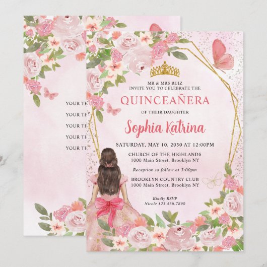 Glam Blush Pink Gold Floral Princess Quinceañera Kaart (Voorkant / Achterkant)