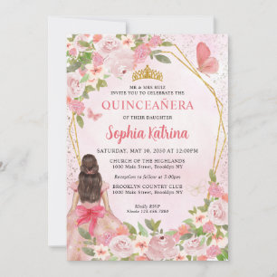 Glam Blush Pink Gold Floral Princess Quinceañera Kaart