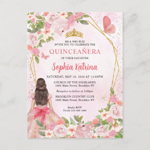 Glam Blush Pink Gold Floral Princess Quinceañera Uitnodiging Briefkaart