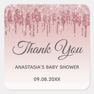 Glam Blush Pink Gold Glitter Hartelijk dank Baby s Vierkante Sticker