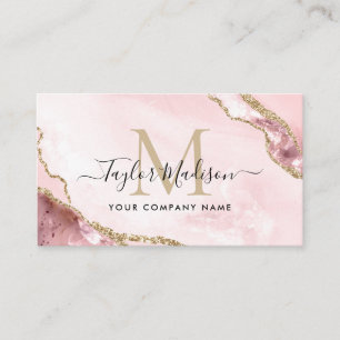 Glam Blush Pink Gold Glitter Marble Agate Monogram Visitekaartje