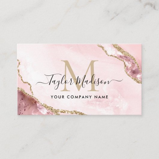 Glam Blush Pink Gold Glitter Marble Agate Monogram Visitekaartje (Voorkant)