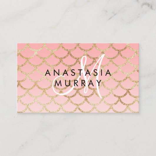 Glam Blush Pink Gold Mermaid Glitter Monogram Naam Visitekaartje (Voorkant)