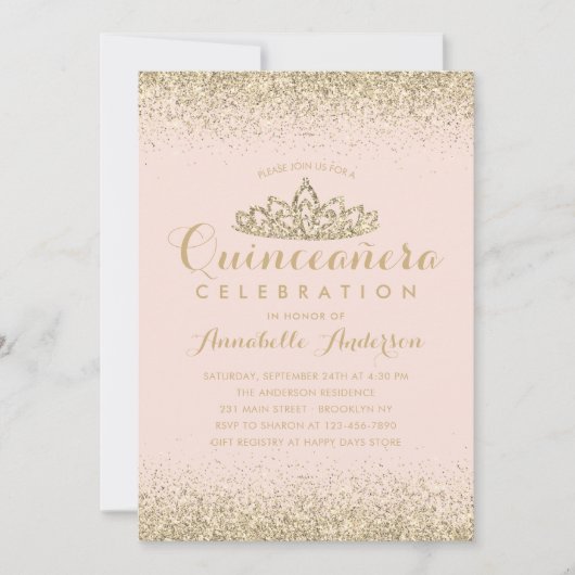 Glam Blush Pink Quinceañera Gold Tiara Glitter Kaart (Voorkant)