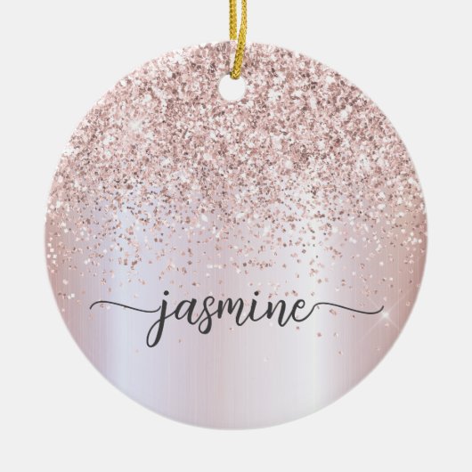 Glam Blush Roos Gold Glitter Monogram Name Script Keramisch Ornament (Voorkant)