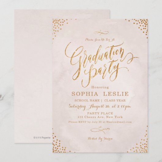 Glam blush roos gouden kalligrafie afstudeerfeest kaart (Voorkant / Achterkant)
