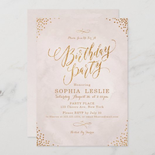 Glam blush roos goudkalligrafie verjaarfeest kaart (Voorkant / Achterkant)