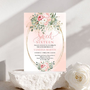 Glam Blush Rose Gold Frame 16e Verjaardagsuitnodig Kaart