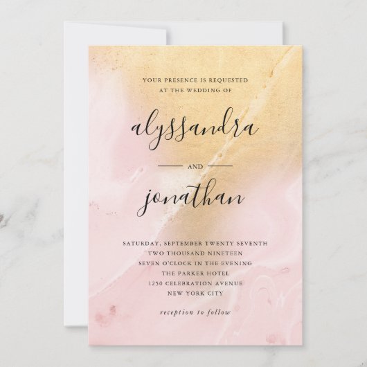 Glam Blush roze en goud marmeren look | Bruiloft Kaart (Voorkant)