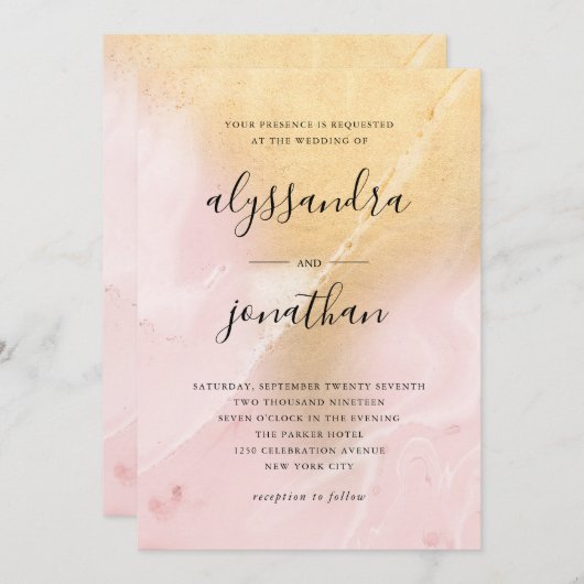 Glam Blush roze en goud marmeren look | Bruiloft Kaart (Voorkant / Achterkant)