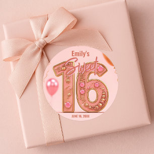 Glam Blush Roze en Gouden Edelsteen Sweet Sixteen  Ronde Sticker