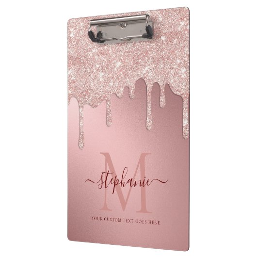 Glam Blush Roze Glitter Drip Folie Monogram Klembord (Links)