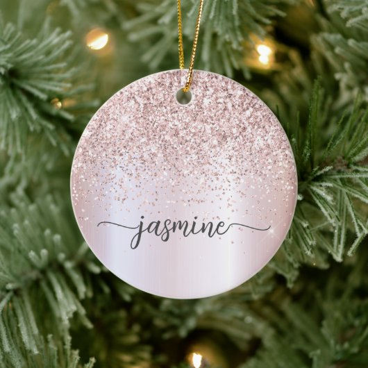 Glam Blush Roze Goud Glitter Monogram Naam Script Keramisch Ornament (Boom)