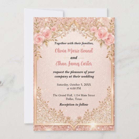 glam blush roze Gouden Glitter Bloemen bruiloft Kaart (Voorkant)