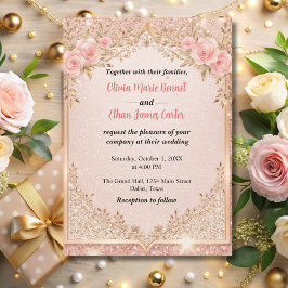 glam blush roze Gouden Glitter Bloemen bruiloft Kaart