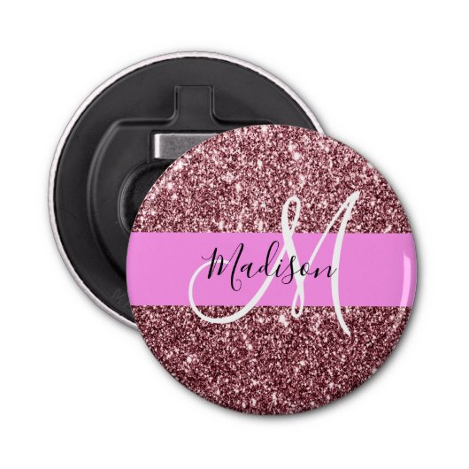 Glam Blush Roze Rose Gold Glitter Sparkle Monogram Button Flesopener (Voorkant)