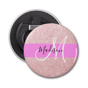 Glam Blush Roze Rose Gold Glitter Sparkle Monogram Button Flesopener
