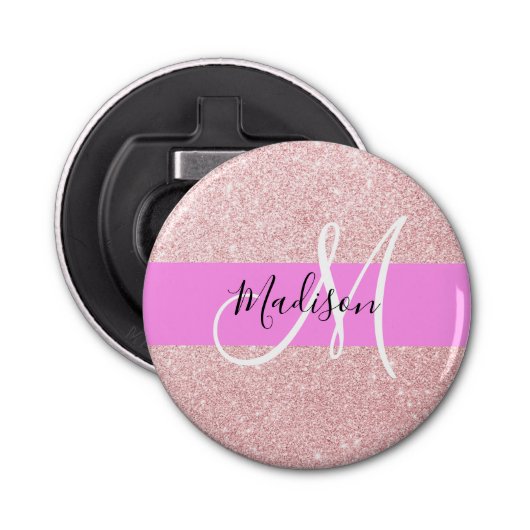 Glam Blush Roze Rose Gold Glitter Sparkle Monogram Button Flesopener (Voorkant)