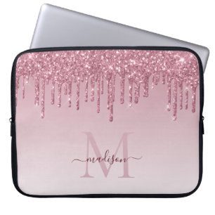 Glam Blush Roze Rose Gold Glitter Sparkle Monogram Laptop Sleeve