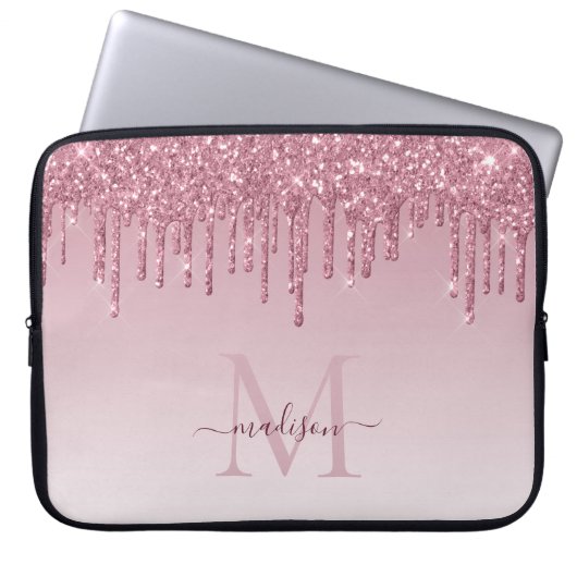 Glam Blush Roze Rose Gold Glitter Sparkle Monogram Laptop Sleeve (Voorkant)