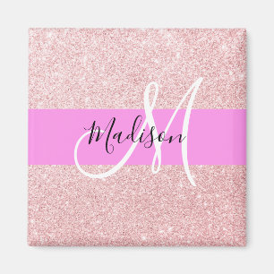 Glam Blush Roze Rose Gold Glitter Sparkle Monogram Magneet