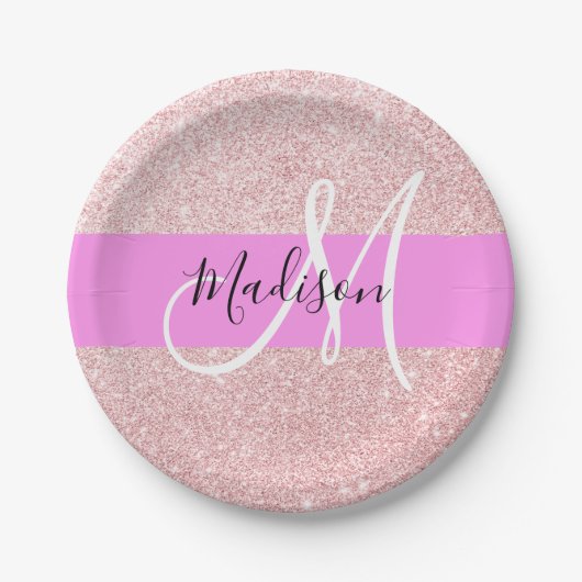 Glam Blush Roze Rose Gold Glitter Sparkle Monogram Papieren Bordje (Voorkant)
