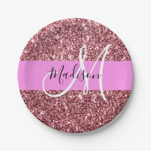 Glam Blush Roze Rose Gold Glitter Sparkle Monogram Papieren Bordje