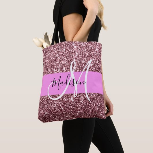 Glam Blush Roze Rose Gold Glitter Sparkle Monogram Tote Bag (Dichtbij)