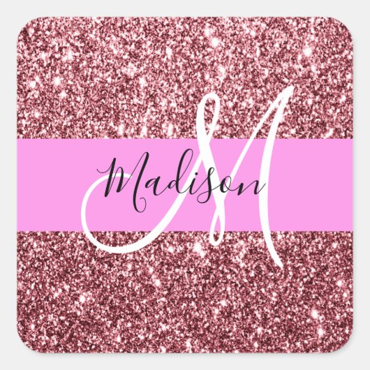 Glam Blush Roze Rose Gold Glitter Sparkle Monogram Vierkante Sticker (Voorkant)