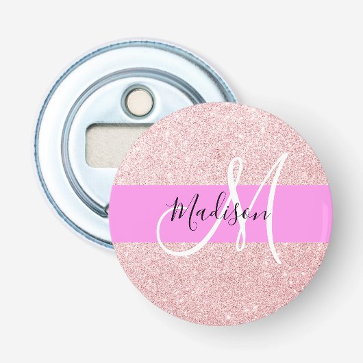 Glam Blush Roze Roze Goud Glitter Glans Monogram Button Flesopener (Voorkant)