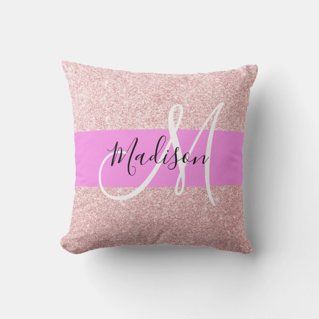 Glam Blush Roze Roze Goud Glitter Glans Monogram Kussen (Voorkant)