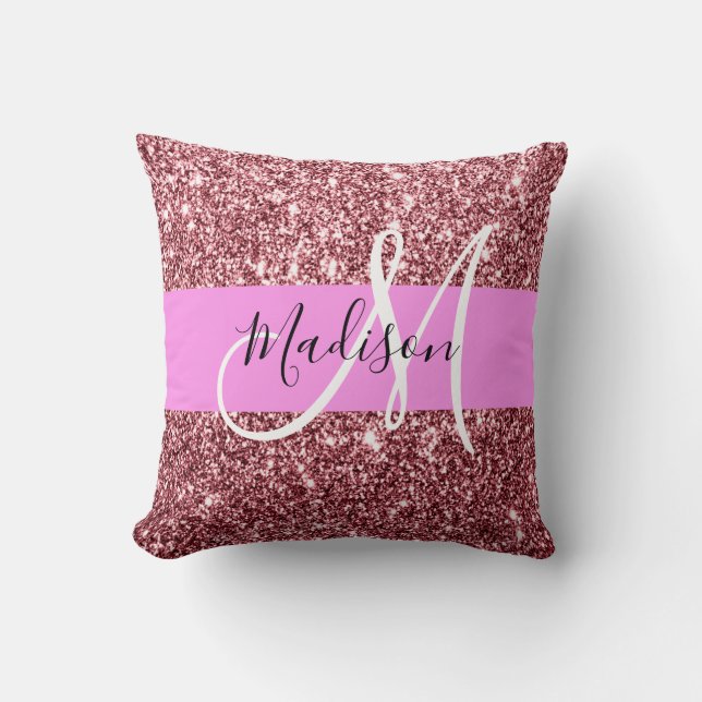 Glam Blush Roze Roze Goud Glitter Glans Monogram Kussen (Voorkant)