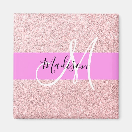 Glam Blush Roze Roze Goud Glitter Glans Monogram Magneet (Voorkant)