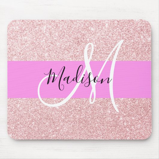 Glam Blush Roze Roze Goud Glitter Glans Monogram Muismat (Voorkant)