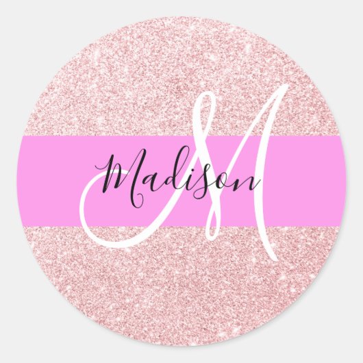 Glam Blush Roze Roze Goud Glitter Glans Monogram Ronde Sticker (Voorkant)