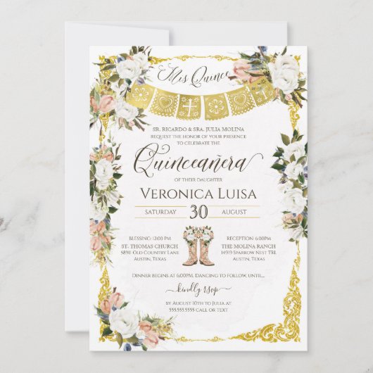 Glam Blush, White met Gold Floral Quinceañera Inv Kaart (Voorkant)