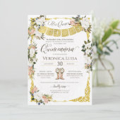 Glam Blush, White met Gold Floral Quinceañera Inv Kaart (Staand voorkant)