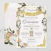 Glam Blush, White met Gold Floral Quinceañera Inv Kaart (Voorkant / Achterkant)